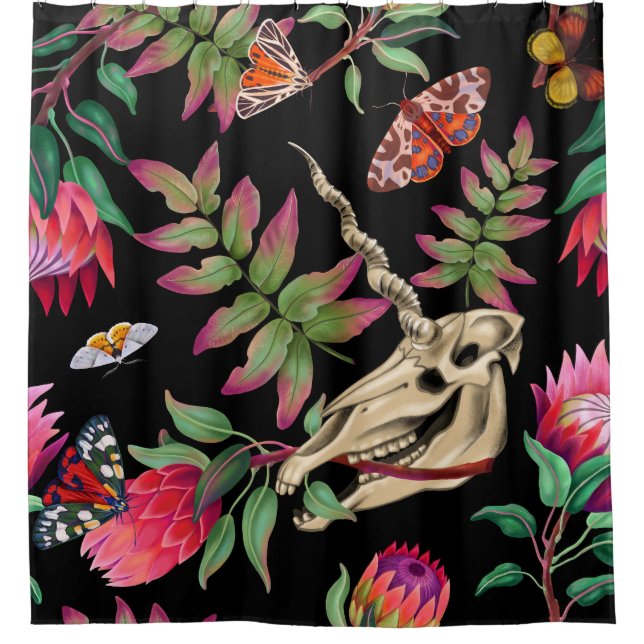 Magischer Wald vereint dunkles Muster. Duschvorhang (Vorderseite)