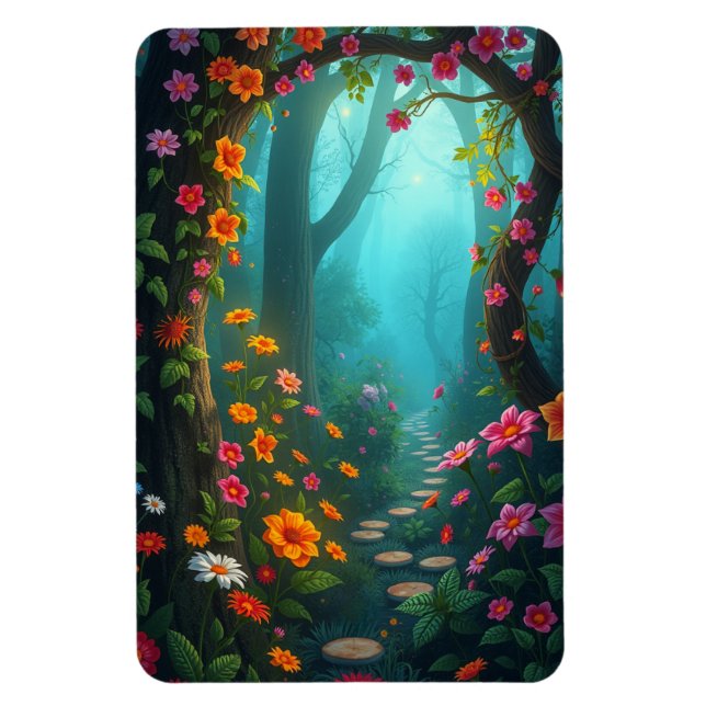 Magischer Waldweg mit whimsikischen Wildblumen Magnet (Vertikal)