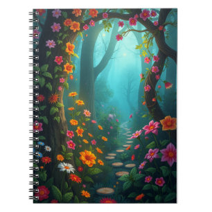 Magischer Waldweg mit whimsikischen Wildblumen Notizblock