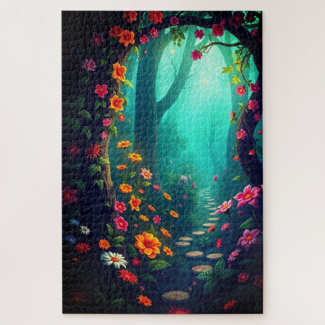 Magischer Waldweg mit whimsikischen Wildblumen Puzzle (Vertikal)