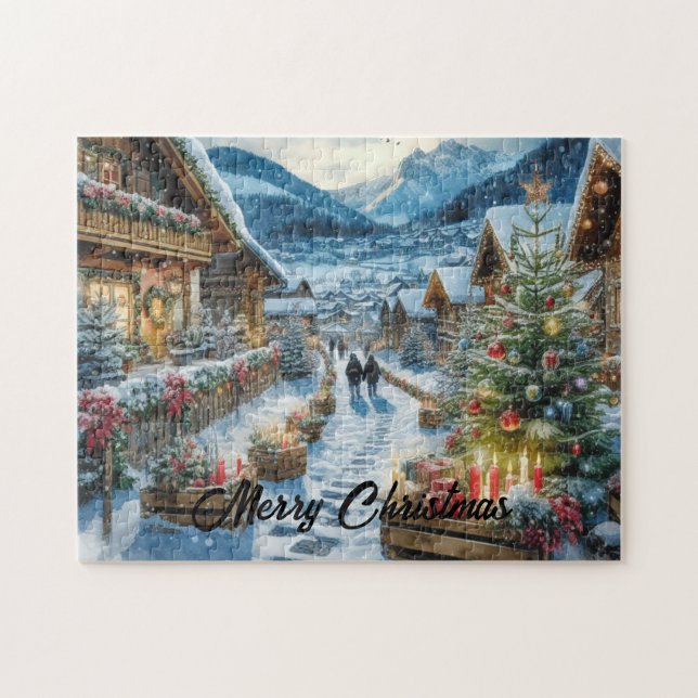 Magischer Weihnachtsabend in einem Snowy Village Puzzle (Horizontal)