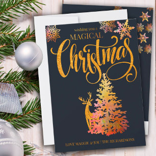 Magischer Weihnachtsbaum und Hirsch Gold und Blau Feiertagskarte