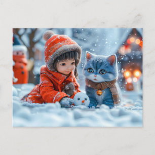 Magischer Wintertag mit Mädchen und Katze Feiertagspostkarte