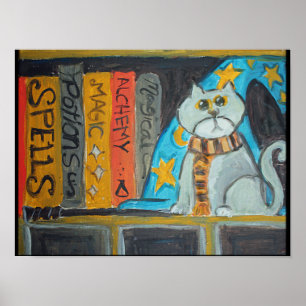 Magischer Zauberer Folk Art Cat Epic Painting Poster