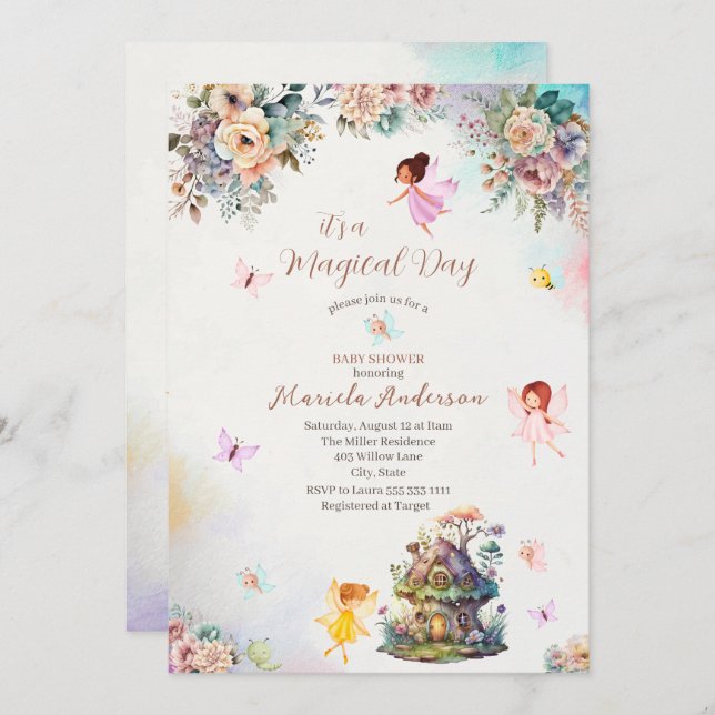 Magisches Blumenfutter Princess Aquarell Baby Sho Einladung (Vorne/Hinten)