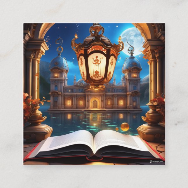 Magisches Buch in einer geheimnisvollen utopischen Quadratische Visitenkarte (Vorderseite)