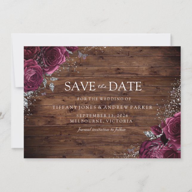 Magisches Burgund Maroon Rose Rustikale Hochzeit Save The Date (Vorderseite)