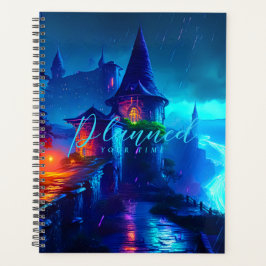 Magisches Cyberpunk-Fantasienschloss Neon-Nacht Planer