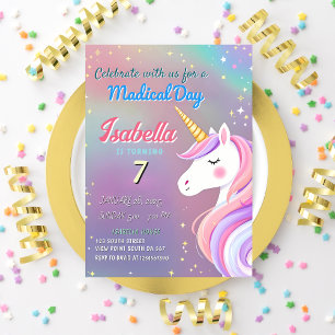 Magisches Einhorn 7. Geburtstag Pastell-Regenbogen Einladung