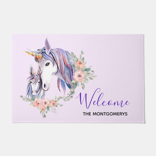 Magisches Einhorn Mama & Baby Watercolor Willkomme Fußmatte (Vorderseite)