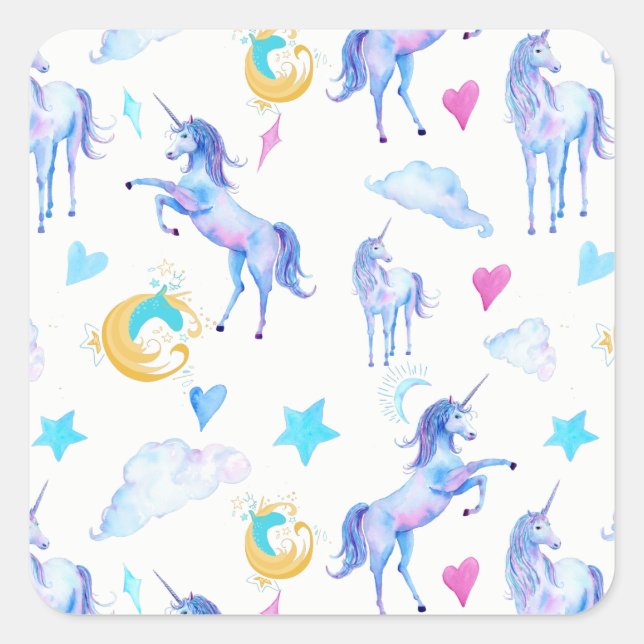 Magisches Einhorn Muster Watercolor Fantasy Design Quadratischer Aufkleber (Vorderseite)