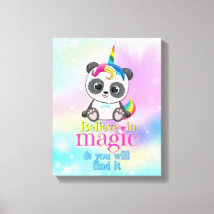 Magisches Einhorn-Panda auf Regenbogenuntergrund Leinwanddruck
