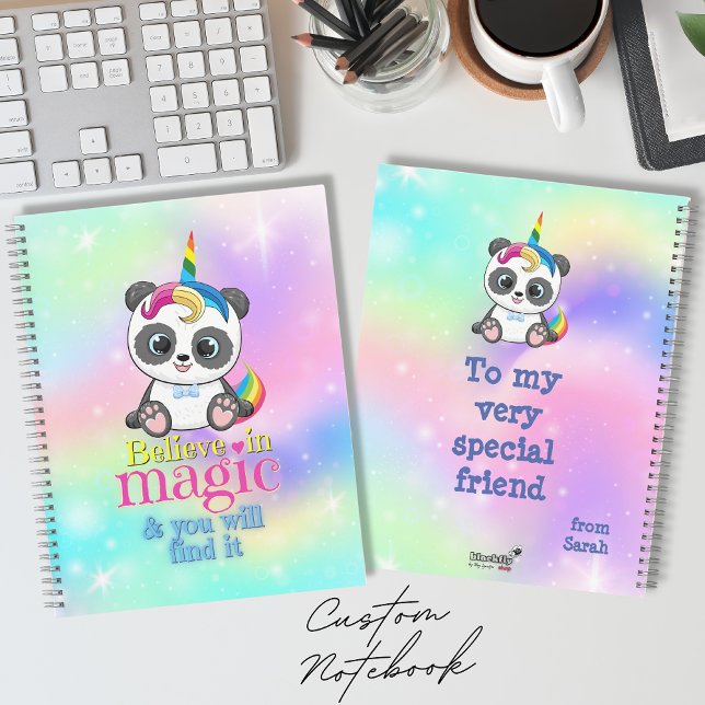 Magisches Einhorn-Panda auf Regenbogenuntergrund Notizbuch (Von Creator hochgeladen)