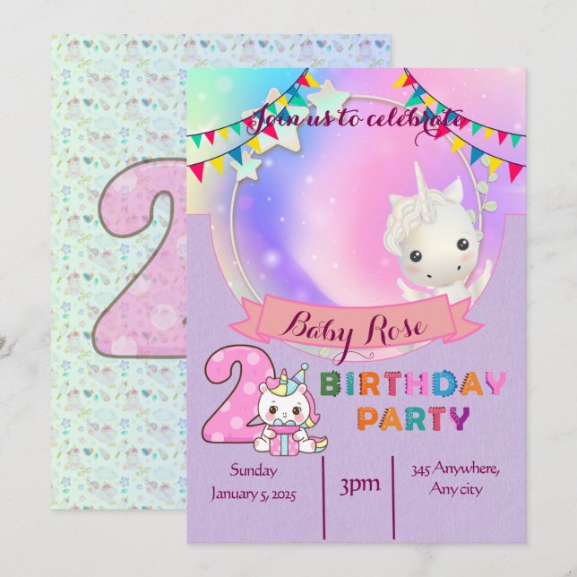 Magisches Einhorn - Party Einladung zum 2. Geburts (Vorne/Hinten)