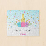 Magisches Einhorn Personalisiert Kids Puzzle<br><div class="desc">Einzigartiges Puzzle für Kinder. Dieses niedliche Design besticht durch ein einzigartiges Gesicht,  Blume und Sterne. Personalisieren Sie mit einem Namen für ein besonderes Geschenk!</div>