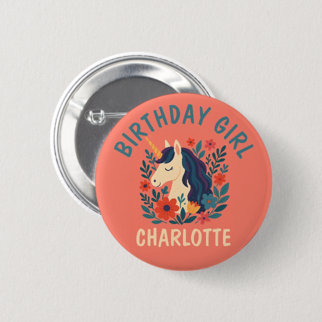 Magisches Einhorn Personalisiert Whimsical Geburts Button (Vorne & Hinten)