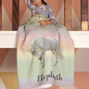Magisches Einhorn Regenbogen Gold Blumen Fleecedecke