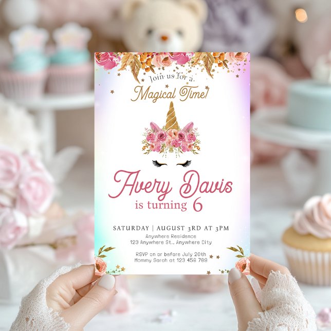 Magisches Einhorn Regenbogen Rosa Bläsergeburt Einladung (Magical Floral Pink Unicorn Birthday Invitation)