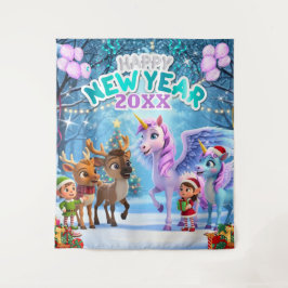 Magisches Einhorn & Rentiere Kinder Neujahrs Hinte Wandteppich