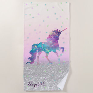 Magisches Einhorn, Sterne, Silberner Glitzer Bokeh Strandtuch