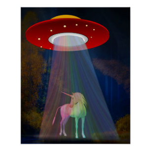 Magisches Einhorn-UFO-Regenbogenlicht bei Nacht Gl Poster