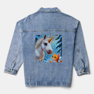 Magisches Einhorn und süße Katze beim Dekorieren Jeansjacke