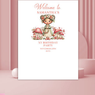 Magisches Feen-Rotrosa-Blumen-Geburtstagsbanner Wandteppich