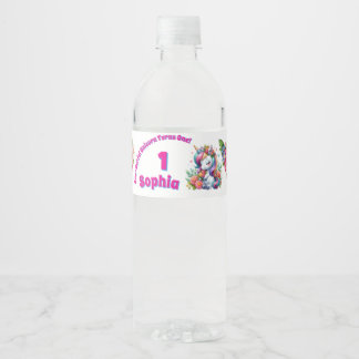Magisches Florales Einhorn 1. Geburtstag Mädchenha Wasserflaschenetikett