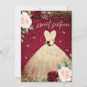 Magisches Gold Dress Burgundy Red Floral Sweet 16 Einladung