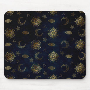 Magisches Gold Moon Sun Sterne Dunkelblaues Muster Mousepad