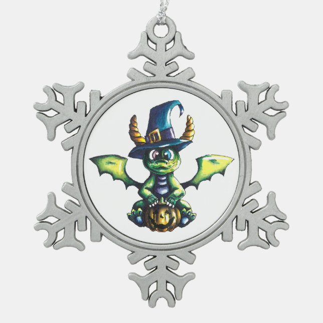 Magisches Halloween-Drachendesign Schneeflocken Zinn-Ornament (Vorderseite)