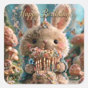Magisches Happy Birthday Grußkarte mit einem Hasen Quadratischer Aufkleber