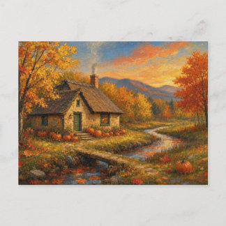 Magisches Herbst-Haus-Landschaft-Wald-See-Szene Postkarte
