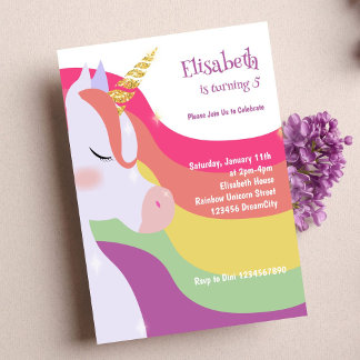 Magisches, lebendiges Rainbow Unicorn Geburtstags- Einladung