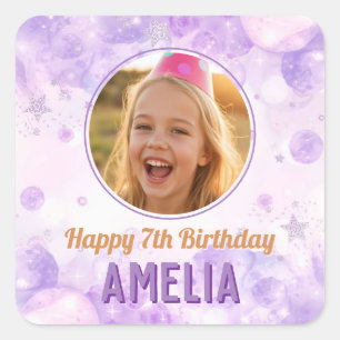 Magisches lila Foto Happy Birthday Party Quadratischer Aufkleber