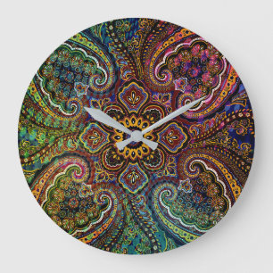 Magisches mehrfarbiges Paisley auf schwarzem Hinte Große Wanduhr