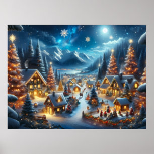 Magisches Mondlicht-Schnee-Weihnachtsdorf Poster