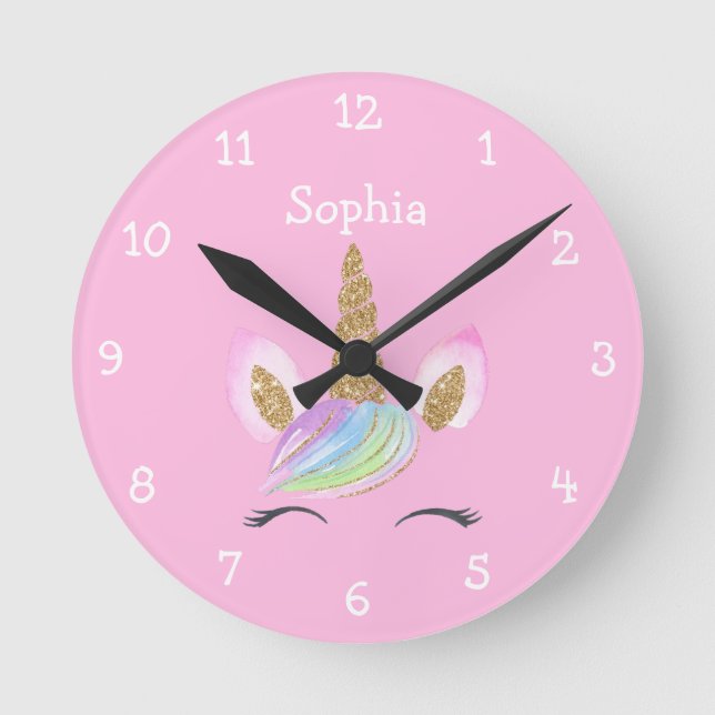 Magisches Niedliches Einhorn-Regenbogen-Personalis Runde Wanduhr (Vorderseite)