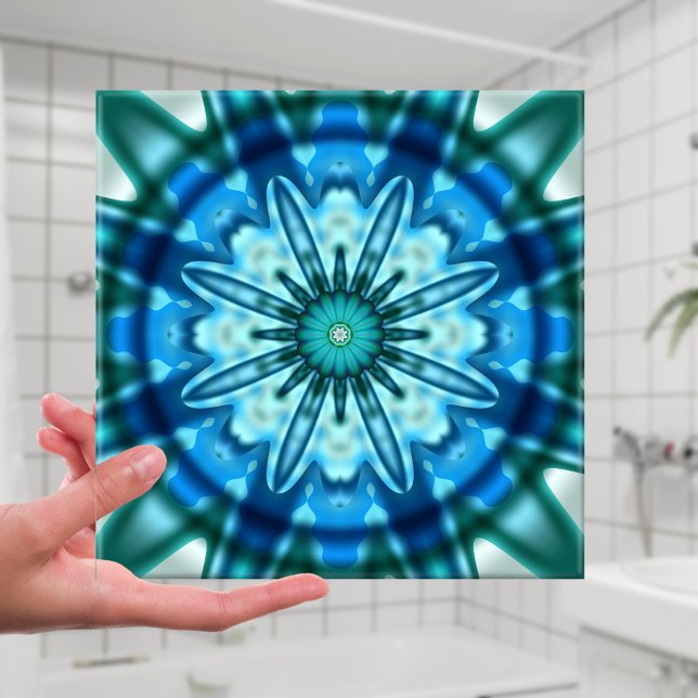 Magisches Ocean Fraktal Art Tile Fliese (Bathroom tile with a beautiful blue and teal geometrical abstract fractal design)