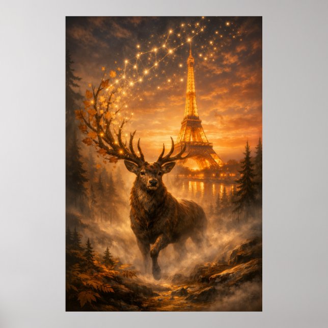 Magisches Paris Hirsch Eiffelturm Herbst Poster (Vorne)