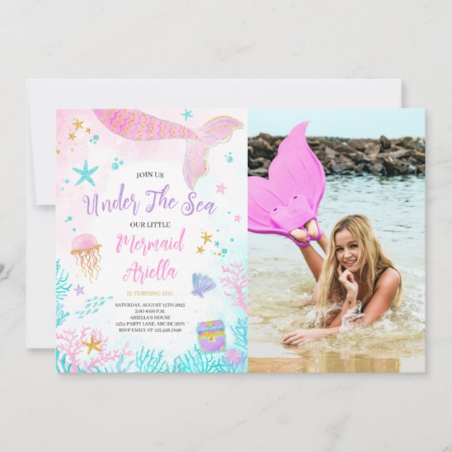 Magisches Pink Mermaid Birthday Foto Einladung (Vorderseite)
