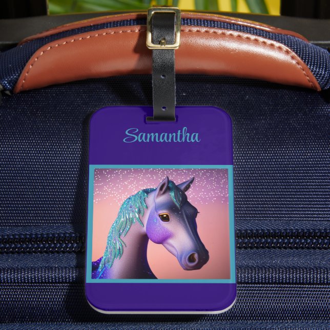 Magisches Pony in Lila und Aquamarin mit Individue Gepäckanhänger (Vorderseite Insitu 2)