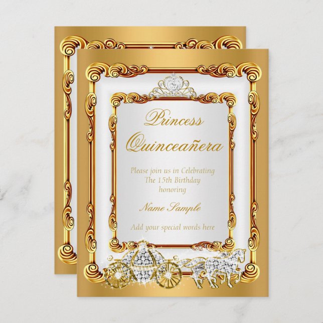 Magisches Quinceanera Weißes Gold Pferd und Beförd Einladung (Vorne/Hinten)