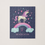Magisches Rainbow Unicorn Puzzle<br><div class="desc">Magical unicorn with hearts and a rainbow decorate this puzzle. Personalize it with her name. Ein Gift für ein Girl. Designed for you by Blackberry Boulevard.</div>