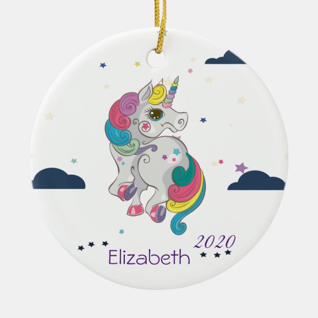 Magisches Regenbogeneinhorn, Wolken, Sterne Keramik Ornament (Vorne)