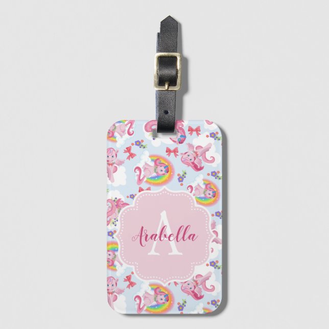 Magisches Rosa Einhorn Girly Rainbow Monogramm Gepäckanhänger (Vorderseite Vertikal)