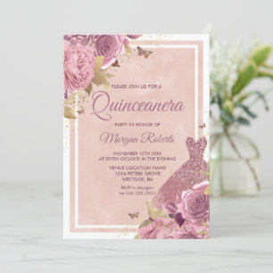 Magisches Rosa Kleid & Blume Quinceanera Einladung