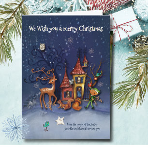 Magisches schneebedecktes Weihnachtsdorf Elf & R Feiertagskarte