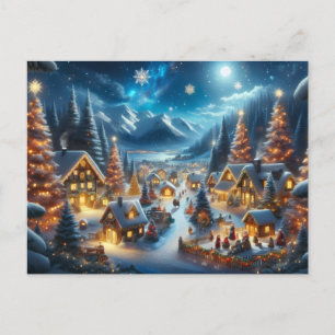 Magisches schneebedecktes Weihnachtsdorf im Mondli Postkarte