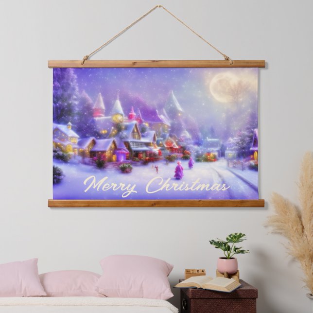 Magisches Schneedorf Wandteppich Mit Holzrahmen (Schlafzimmer)